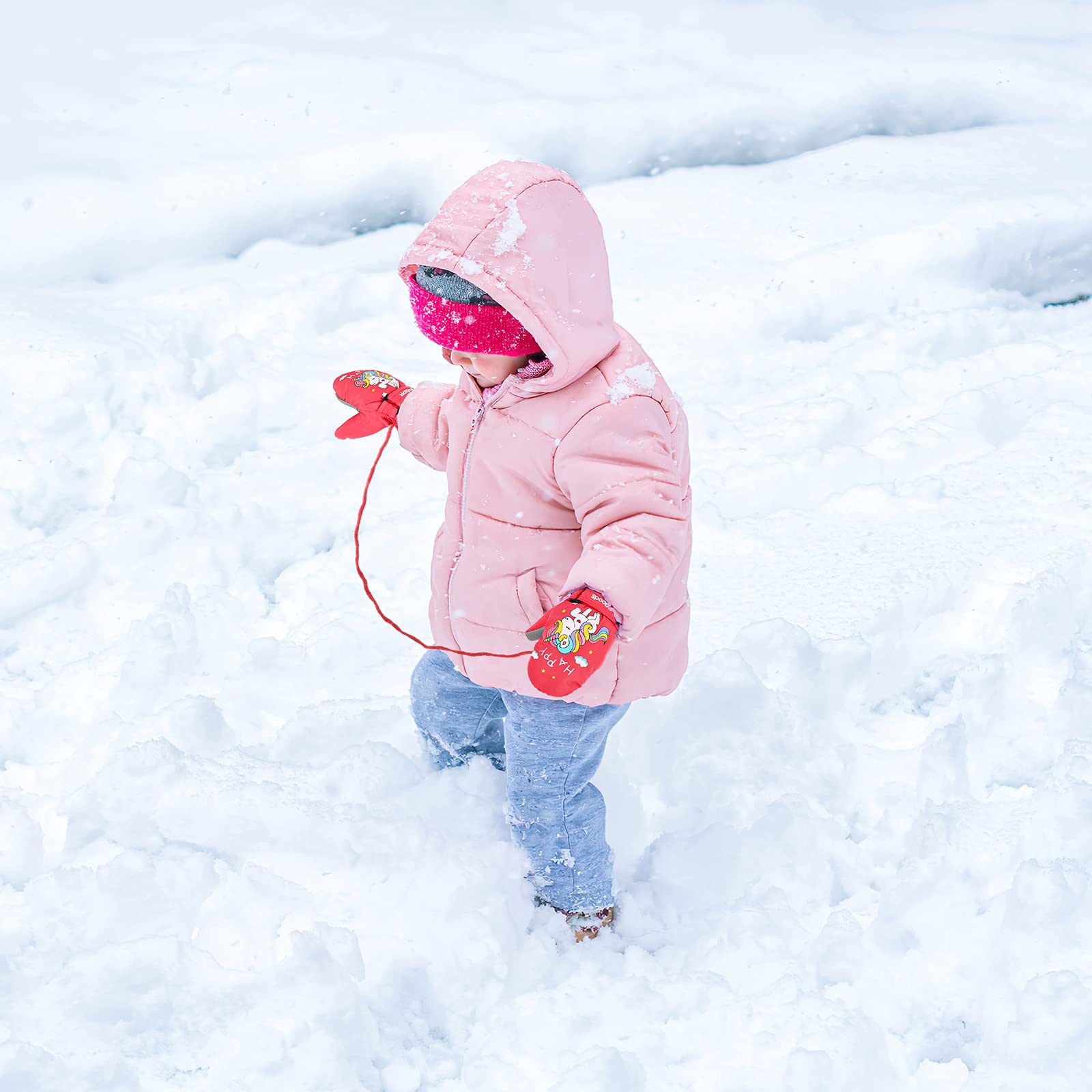 Produktbild von Jupsk Kinder Winter Skihandschuhe Wasserdichte Schneehandschuhe Fäustlinge Anti Rutsch Plüsch Gefüttert Warme Rosa Einhorn Gloves Für Kleinkind Mädchen Jungen 6-12 Jahre Alt Rosa