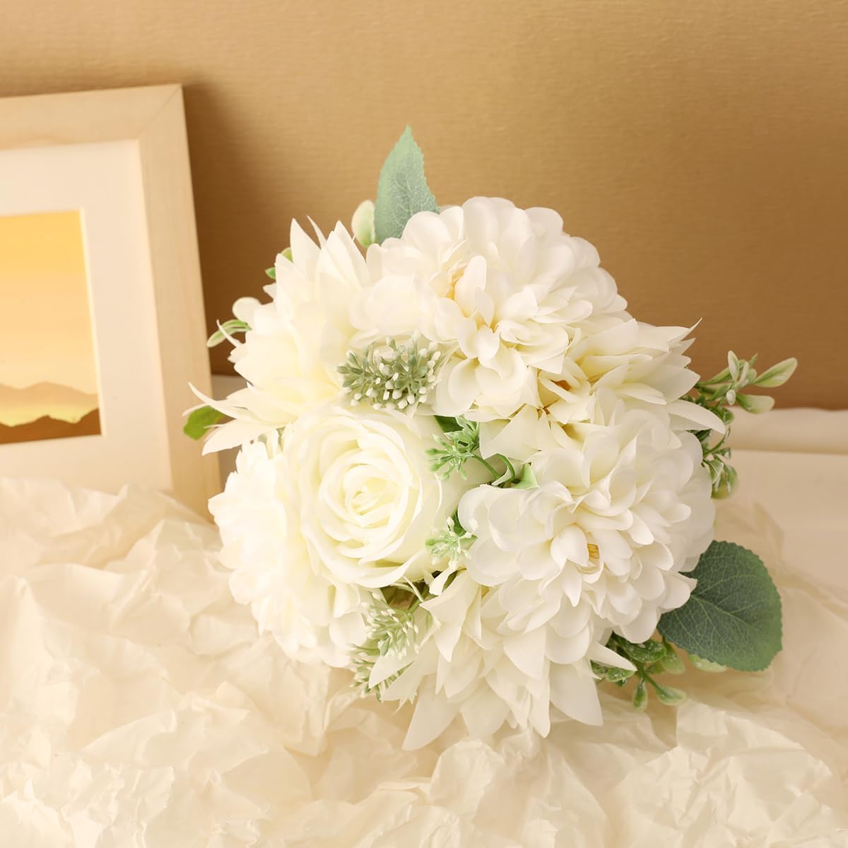 Sousi Wedding Bouquets for Bridesmaids, White Artificial Rose Flowers, Silk Small Bouquet Set for Bride, Church Ceremony Wedding Decoration (7‘’)