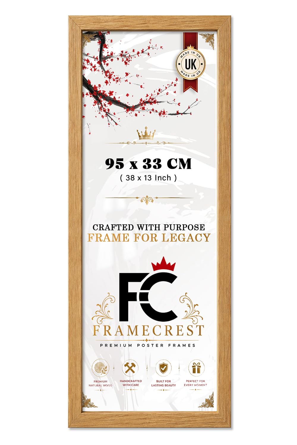 FRAMECREST LTD - 33 X 95 CM Panoramic Poster Frame (38 X 13 Inch) Landscape Photo Frame For Living Room, Office With Solid Engineered Wood Finish For Gallery Wall And Minimal Print Display - [Oak]