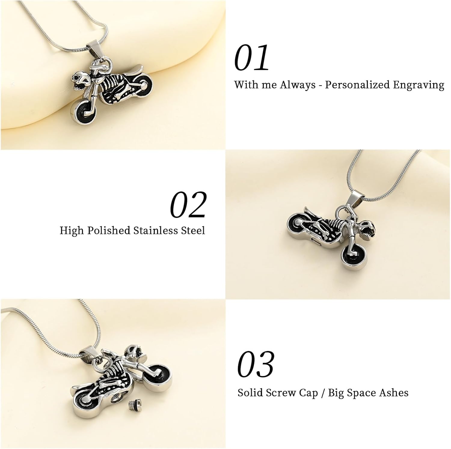 Skull Motorcycle Cremation Urn Necklace For Men Stainless Steel Memorial Jewelry Ashes Holder Keepsake Pendant - Image 3