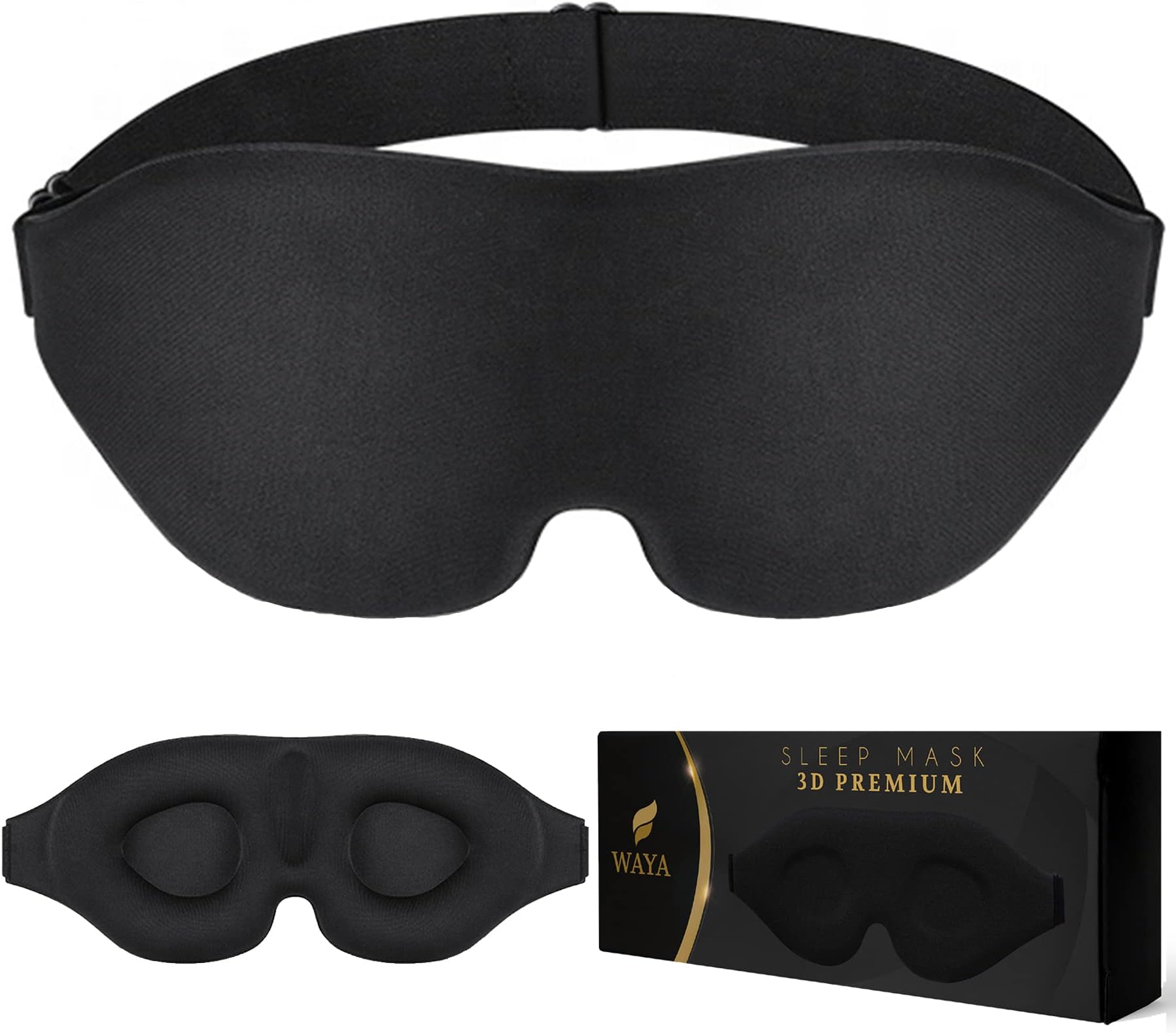 WAYA3D Premium Foam Sleep Eye Mask for Men Women with Adjustable Strap - 3D Tailored Cup with Adaptable Sponge - Sleeping Mask & Blindfold - Block Upto 100% Light - Eye Shade Cover Black