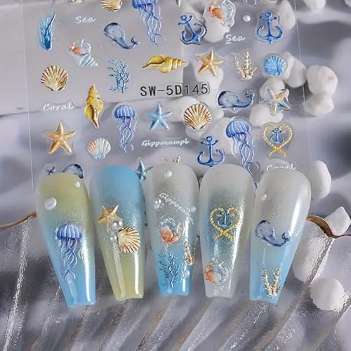Powpop 307 5D Embossed Ocean Life Nail Art Stickers Decals Self Adhesive Seashell Starfish Nail Decals Sea Creature Designs Summer Nail Stickers Marine Life Manicure Sliders thumb #5