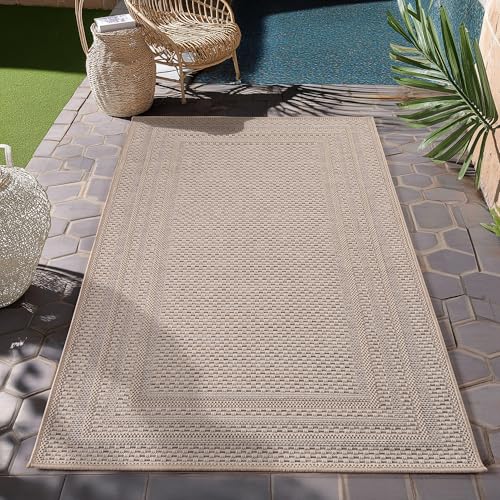 HomebyHome Outdoor Teppich Beige Wetterfest UV-beständig Pflegeleicht Skandinavisches Boho Design für Küche Balkon Terrasse Garten Wohnzimmer Esszimmer