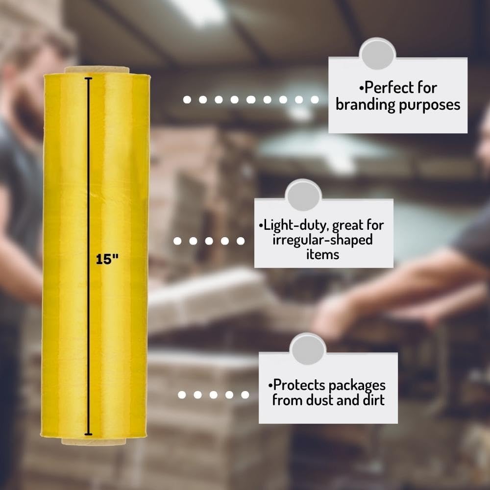 Yellow Stretch Film, 15 Inch x 1476 Feet, 4 Pack – Pre-Stretched Tinted Shrink Wrap for Pallet Wrapping, Moving & Packaging