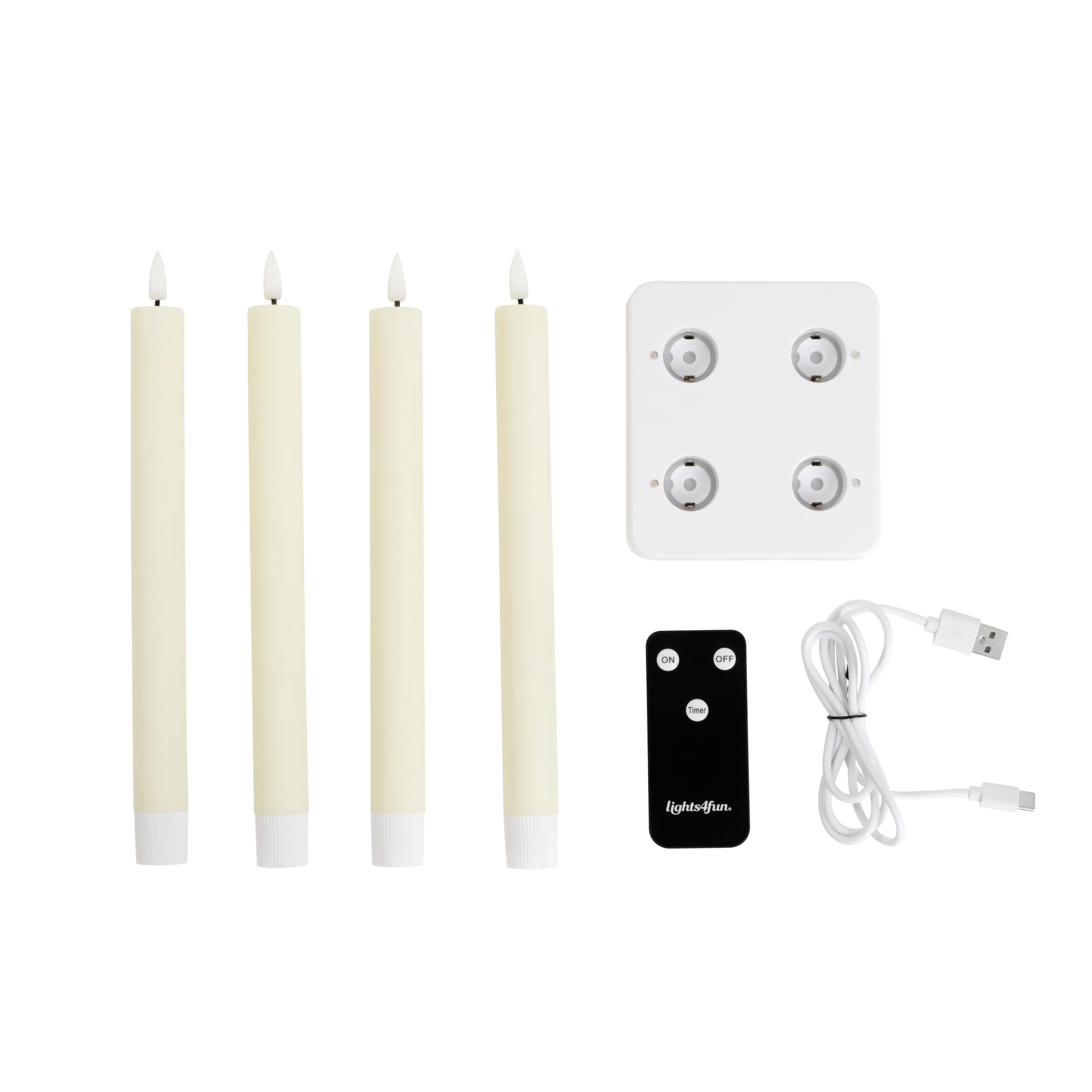 Lights4fun TruGlow® Set di 4 Candele Affusolate LED Ricaricabili Senza Fiamma a LED Bianco Caldo a Pile in Vera Cera con Timer e Telecomando Decorazione per Interni