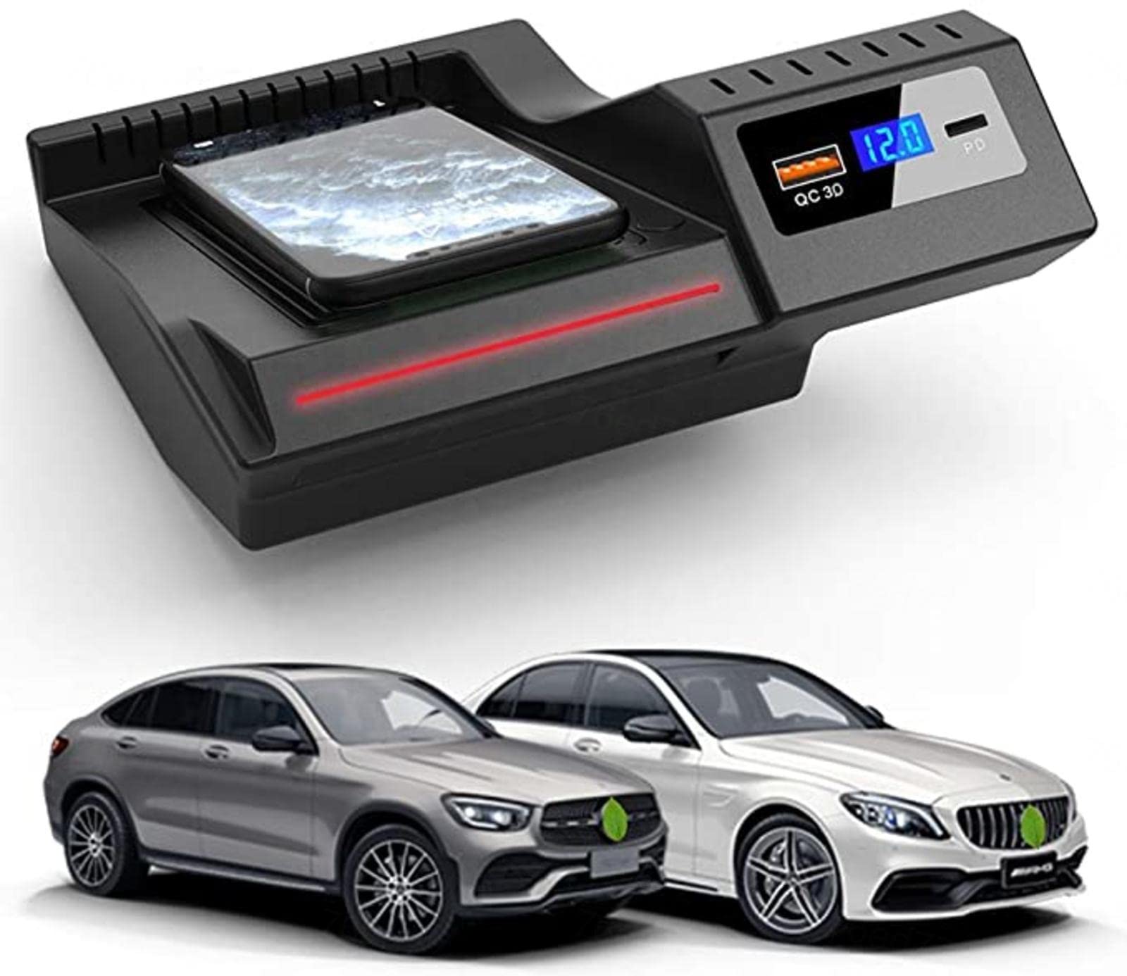 NAMEAL Wireless Car Charger Fit for Mercedes-Benz GLC/C Series 2021-2016,15W Wireless Charging Panel,QC3.0 Charging Port,for Multiple Phones Owner,Wireless Car Charger Mount Apply to All Qi Phones