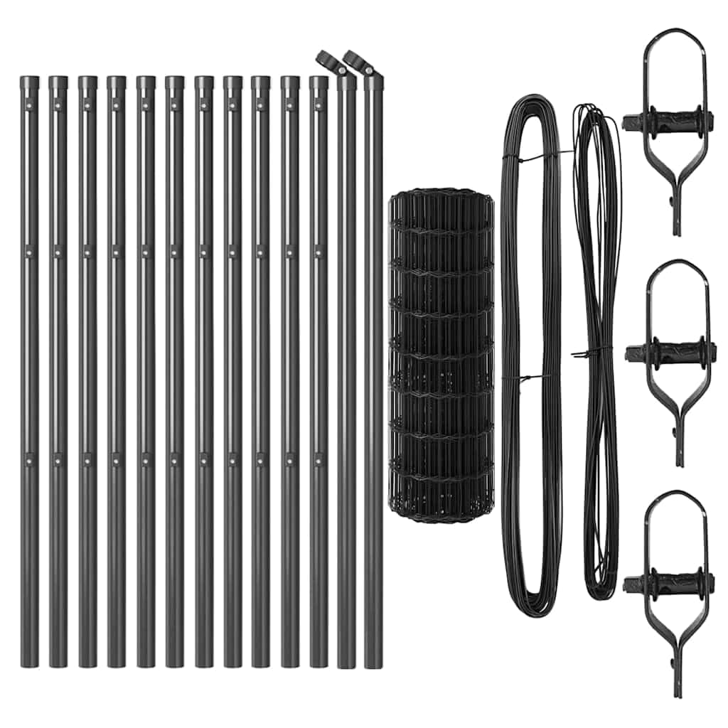 Eurovalla Set 25 m x 60 cm, valla de jardín de acero y PVC, valla de malla de alambre con postes, cuerda tensora y accesorios, valla de alambre para jardín y frontera de parcelas gris