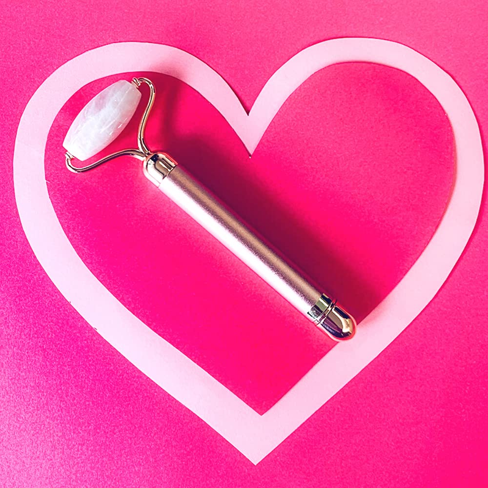 Natural Vibes Rose Quartz Vibrating Face Yoga Roller with FREE Gold Beauty Elixir Oil |Removes Face Fat & Double Chin | Reduces Puffiness | Uplifts & Tightens Skin | Adds Glow and Brightness |100% Pure Stone