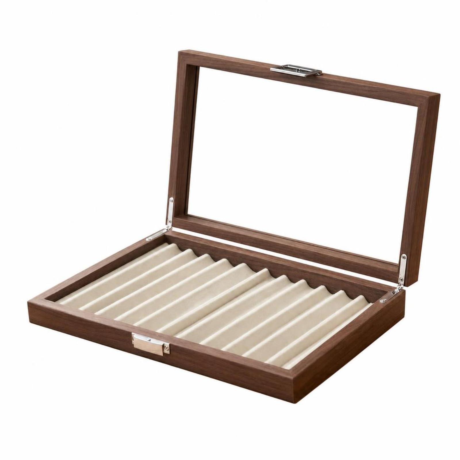 kowaku Pen Display Case Espositore Porta Penne Scatola Custodia in Legno con Finitura Venata Coperchio in Vetro Scomparti con Scanallature Antipolvere con Ganci Metallici Adatta a Studio , Noce Nero