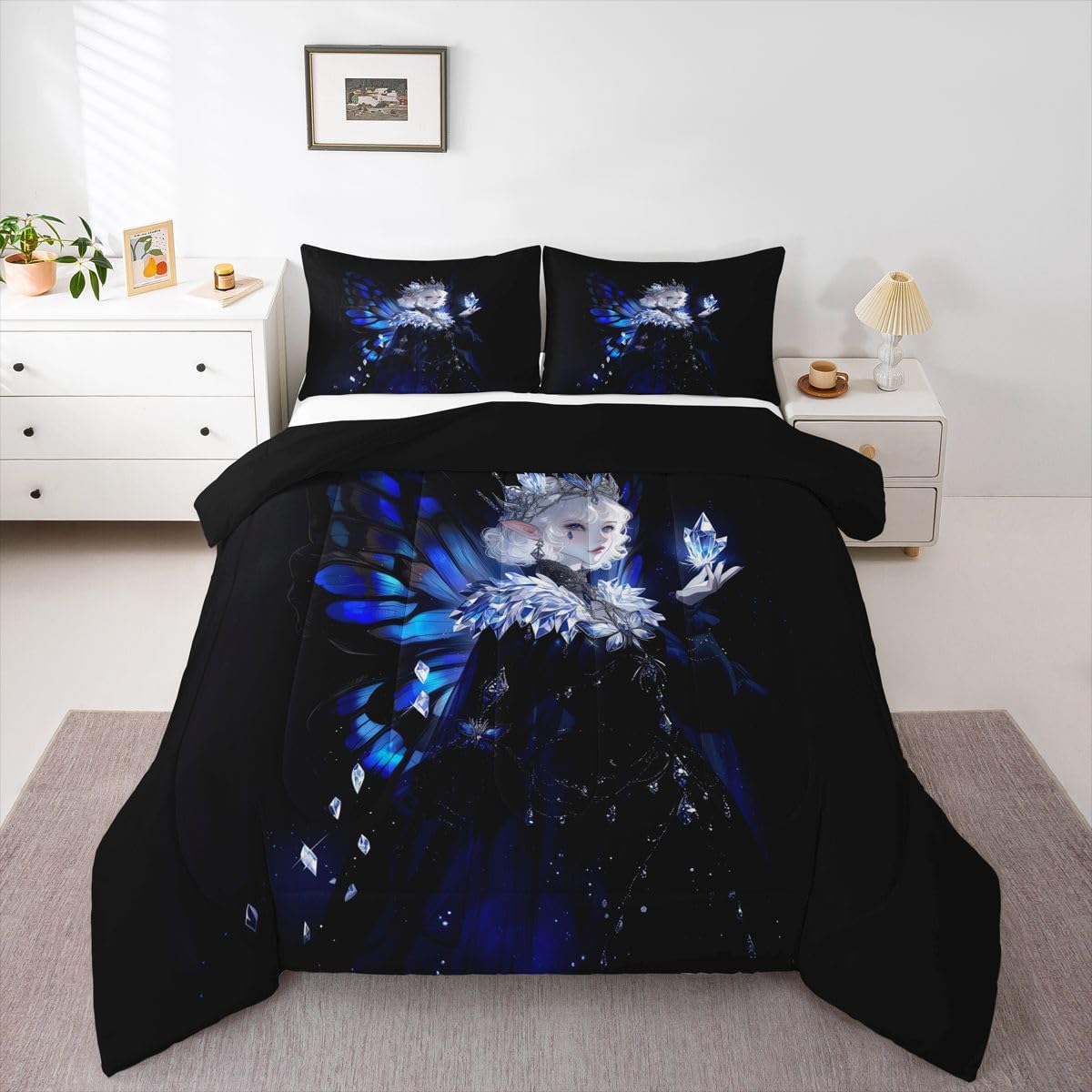 Erosebridal Gothic Girls Comforter Set for Kids Boys Girls A Girl Wearing A Crown Bedding Butterfly Diamond Feather Print Duvet Set Coquette Princess Comforter Queen with 2 Pillowcases