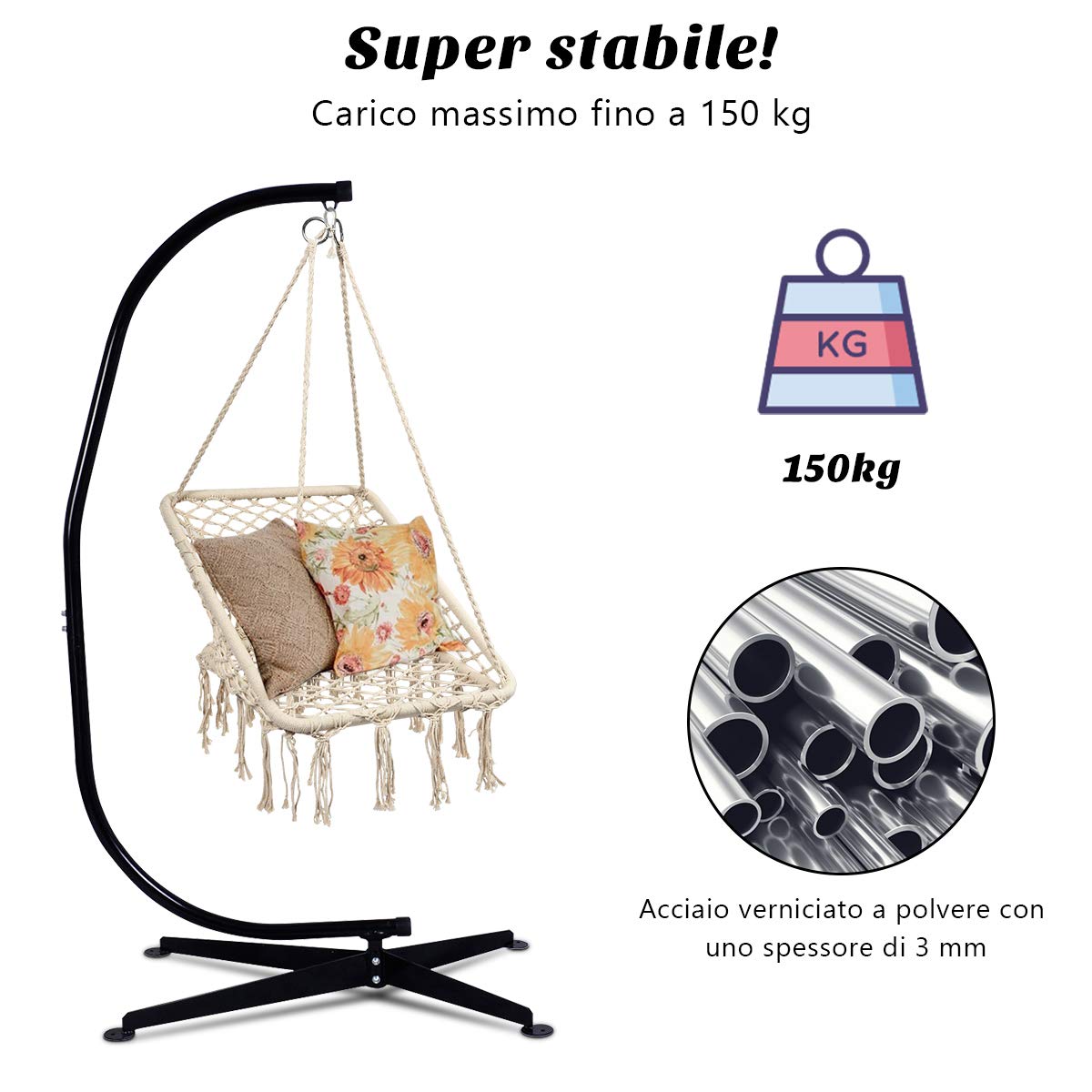 RELAX4LIFE Sostegno per Sedia Sospesa Regolabile, Struttura in Metallo, Carico Massimo 150 kg, Telaio Supporto per Interni, Patio, Giardino (Modello 3)