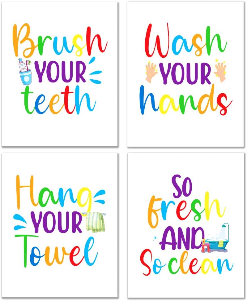 WhatSign Funny Bathroom Quote Art Print, Kids & Farmhouse Decor, Bathroom Rules Typography, Set of 4, 8" x 10", Unframed