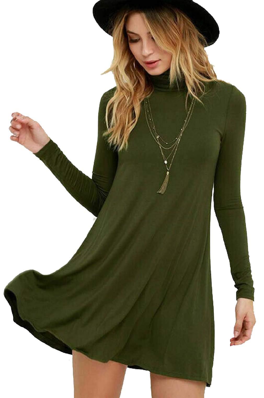 BIWTUP Womens Ladies Franki Flared Skater Dress Turtle Neck Polo High Mini Swing Dress (Khaki, UK 20-22 XXL)