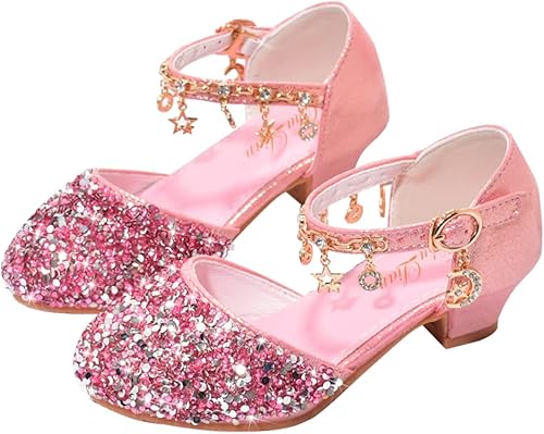 ChuLian Zapatos de vestir para niñas pequeñas con lentejuelas con purpurina y tacones bajos de princesa Mary Jane Party Dance Shoes Sandalias de
