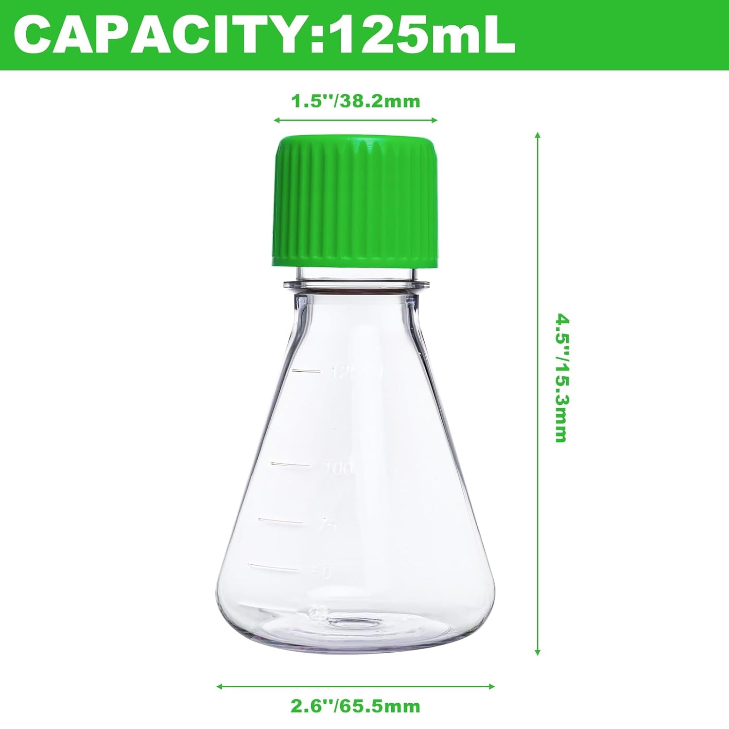 125ml Plastic Erlenmeyer Flask, 24Pcs Sterile Polycarbonate (PC) Conical Flask with Sealed Cap for Lab Experiment Chemistry Science, Graduated, Individual Package, Flat Bottom