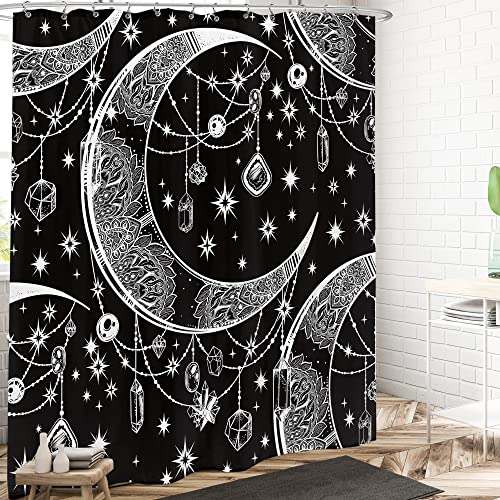Lightinhome Mandala Celestial Shower Curtain 72Wx72H Inch Boho Moon Star Black White Fabric Waterproof Bathroom Home Decor 12 Plastic Hooks #TOP1