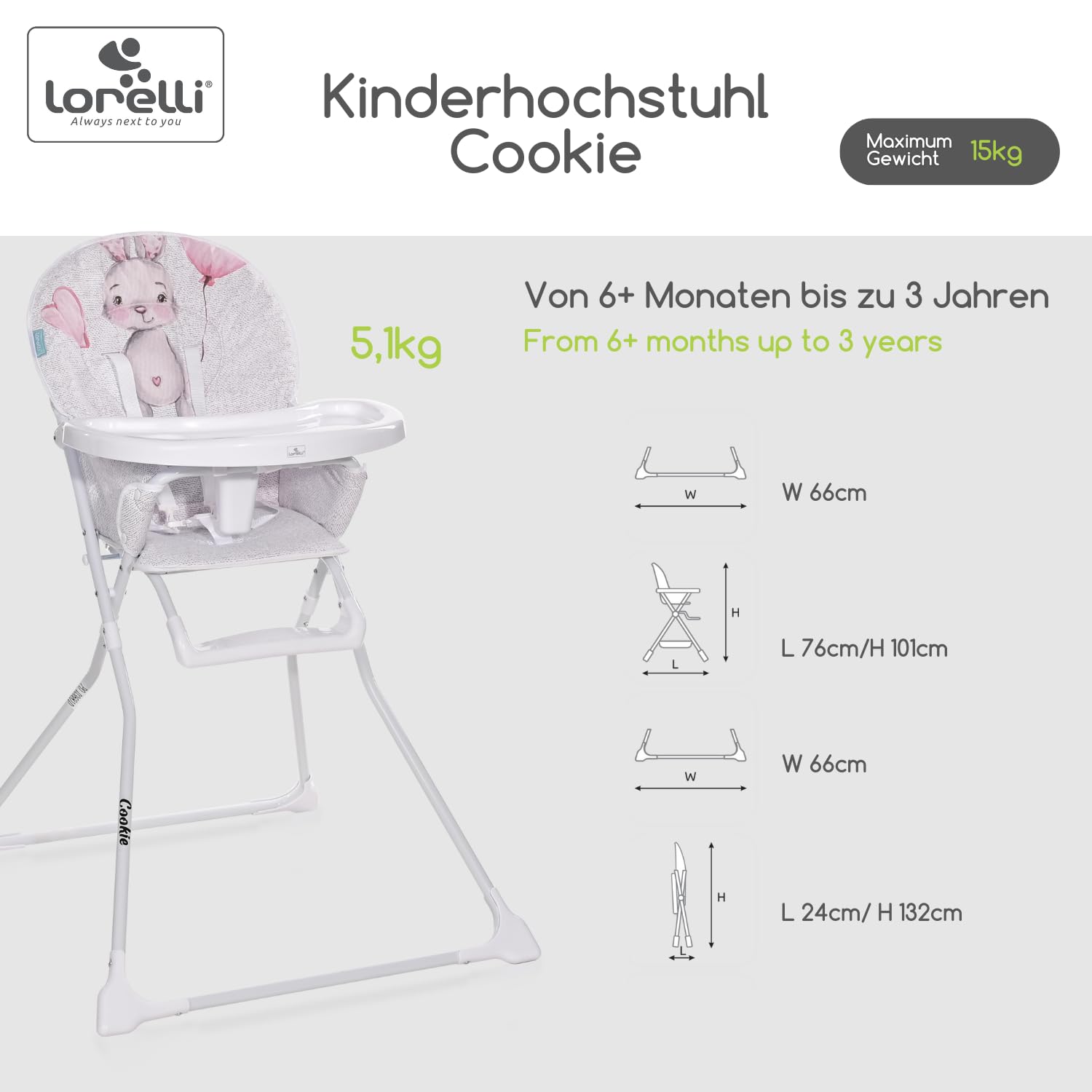 Lorelli Cookie krzesełko dziecięce składane, wysokie krzesło dla dzieci od 6 miesięcy do 15 kg, składane krzesełko do karmienia dla niemowląt z 5-punktowym pasem bezpieczeństwa, białe