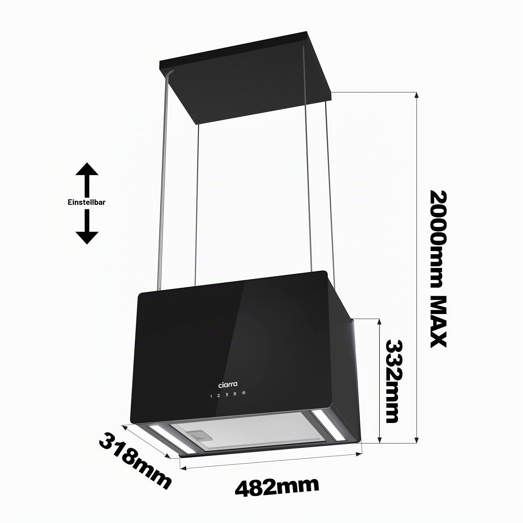 CIARRA CBCB4850 A+++ Inselhaube Dunstabzugshaube 48cm 700m³/h Smart Wi-Fi 4 Stufen Booster Glas Schwarz