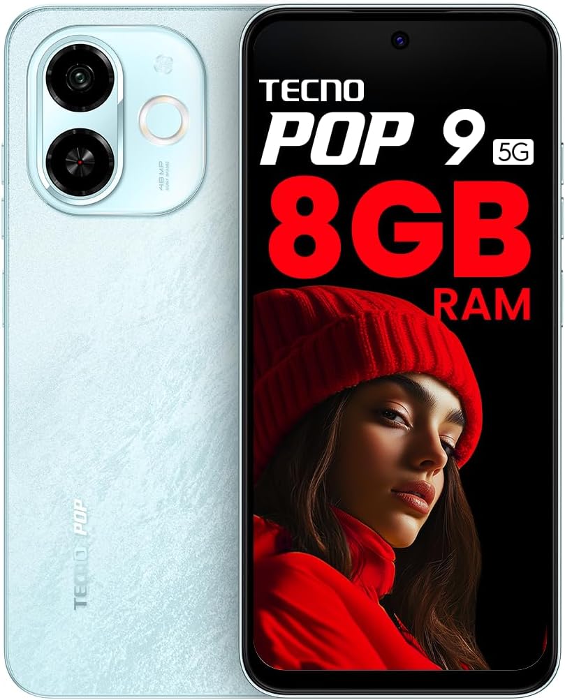 Tecno POP 9 5G (Azure Sky, 8GB+128GB) | D6300 5G Processor | 48MP Sony AI Camera | 4+ Year Lag Free Fluency |5000 mAh Battery |Dual Speaker | Without Charger