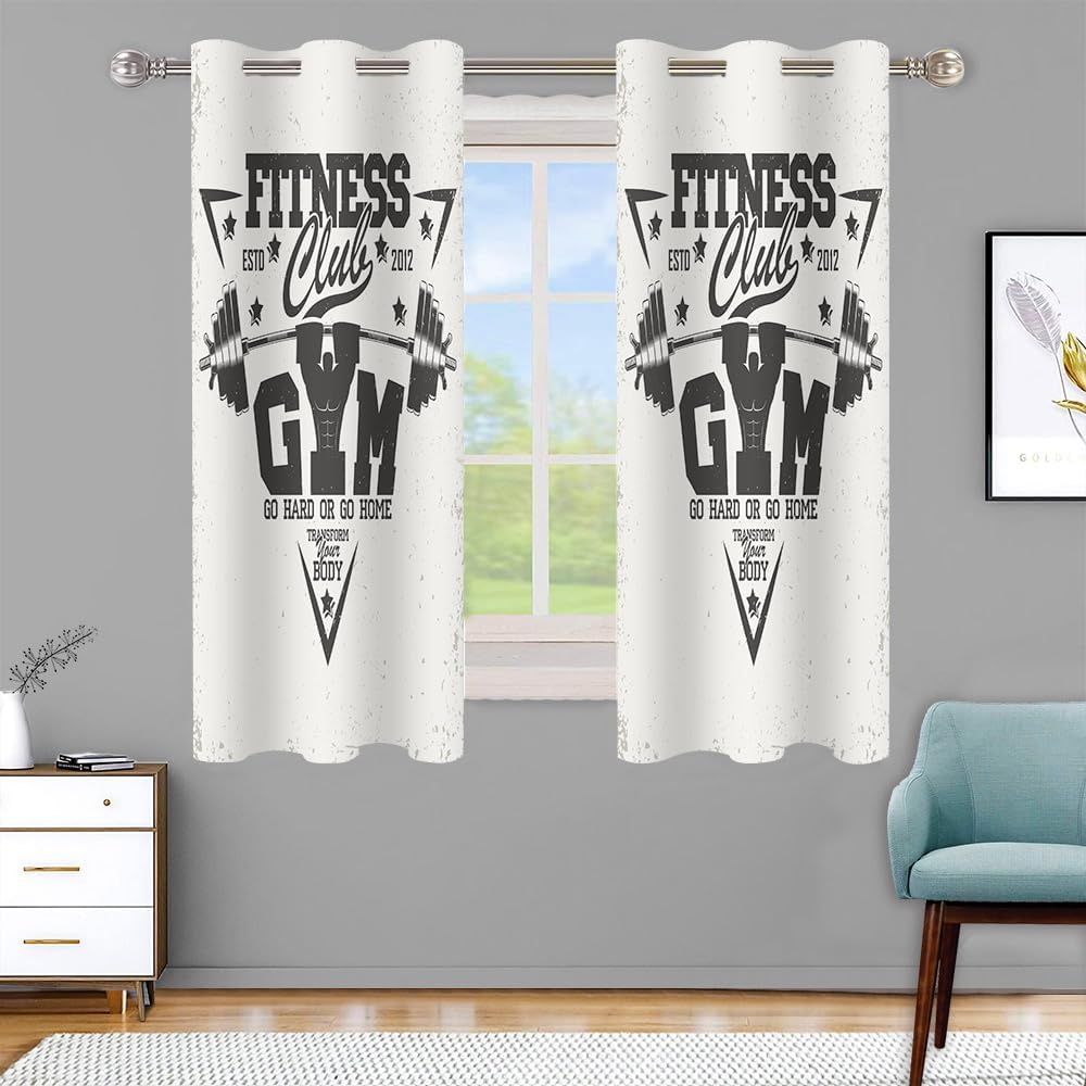 Gym Window Curtain 42x63 Inches Gym Logo Curtains Sign Workout Bodybuilding Exercise Thermal Insulated Grommet Curtains CLXTMN247