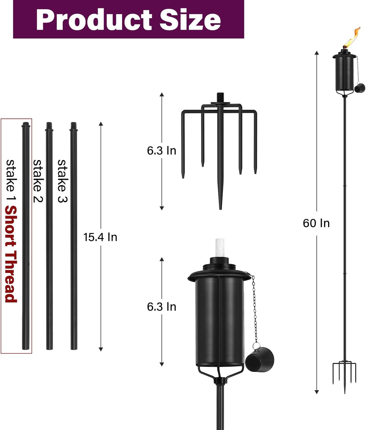 4-Pack Garden Metal Torches, 60" Upgraded Citronella Torches with 5-Prong Grounded Stakes, 16 oz Heavy-Duty Outdoor Torch Lights for Patio, Pathways, and Parties (Ultra-Stable Design)