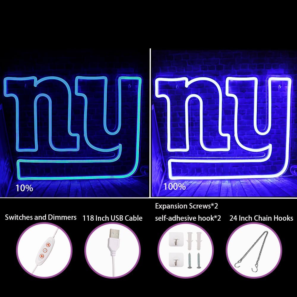 Rugby Football Sports Team Neon Sign Suitable for Giants Logo for Wall Decor USB Powered Dimmable Led Light Up Signs for Bedroom Men Cave Home Bar Decor Birthday Xmas Gifts for Fans Kids - Image 2