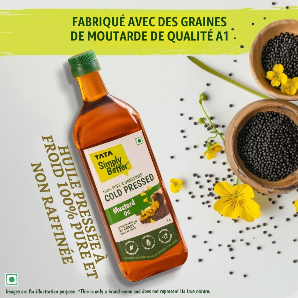 Tata Simply Better Huile de moutarde pressée à froid 100 % pure et non raffinée 1 l