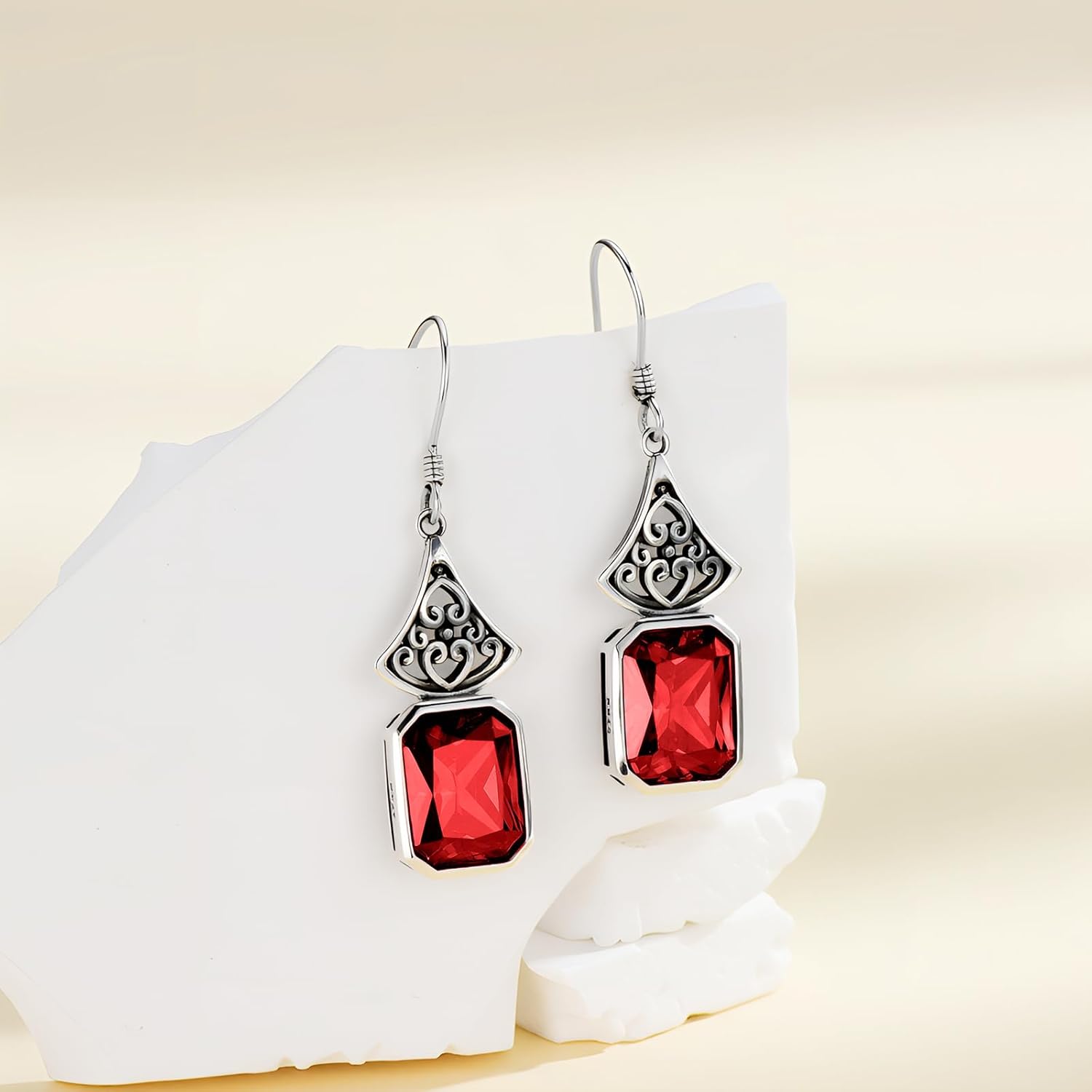 Vintage Earrings 925 Sterling Silver Oxidized Dangle Drop Earrings with 12mm Emerald Cut Birthstone Anniversary Jewelry Gifts for Women Mom Wife - Image 3