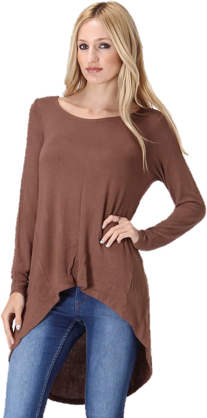 Women Scoop Neck Long Sleeve T Shirt Loose Tops High Low Hem Top Large Mocha