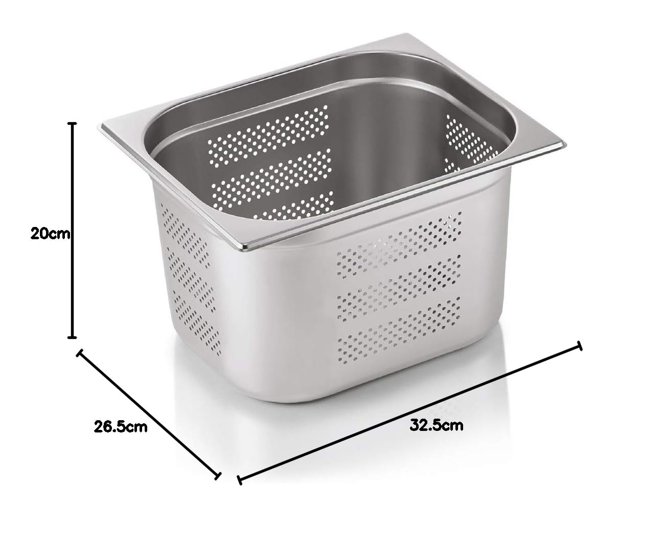 WAS 7112 200 Serie 71 Chromnickelstahl Gastronormbehälter mit Stapelrand, Boden & Seitenlochung, 1/2 GN, 325mm x 265mm x 200mm