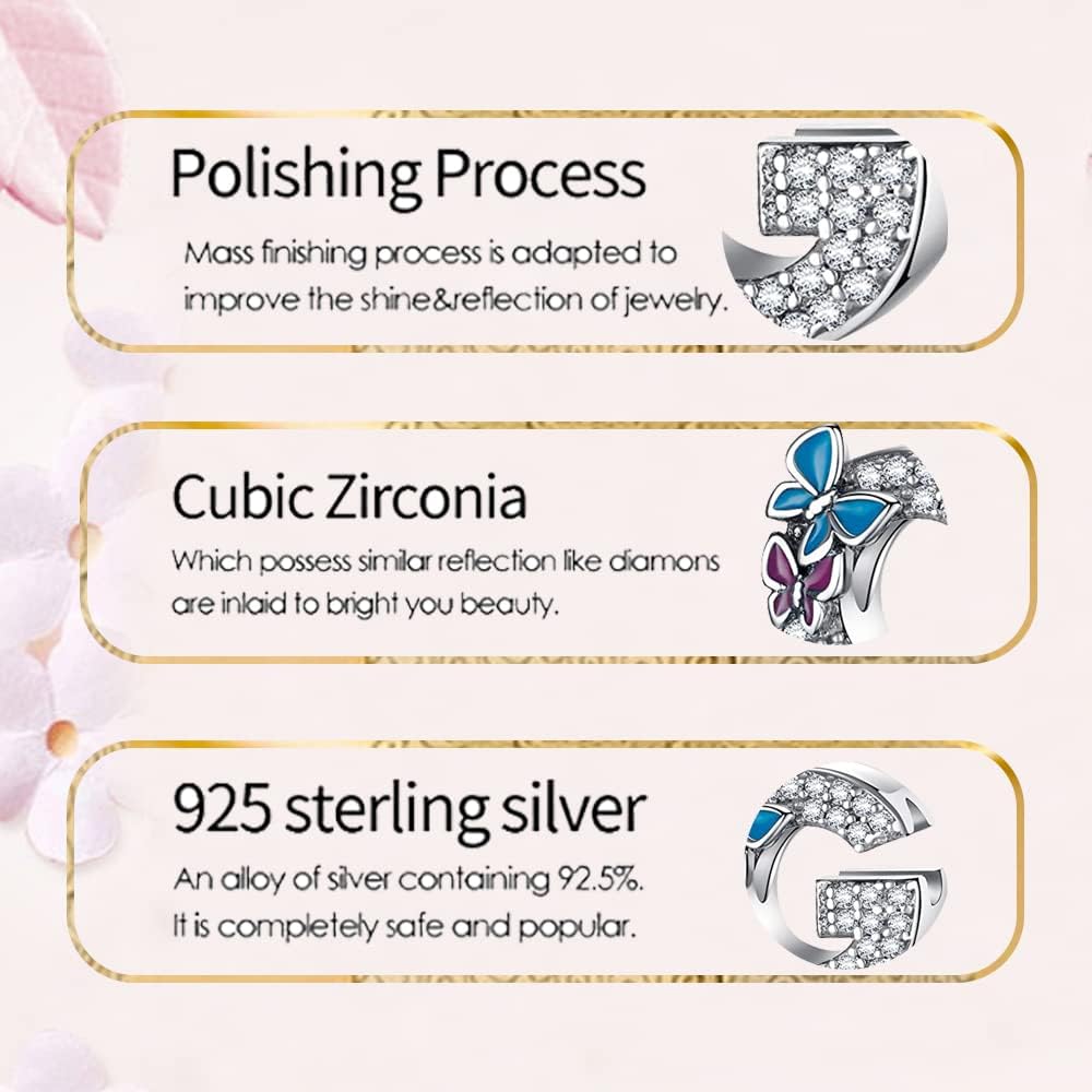 Complete A~Z Alphabet Charm Letter Beads, Solid 925 Sterling Silver with Cubic Stones Flower Butterfly fits European Bracelets Necklace Women Jewelry Gift Options - Image 6