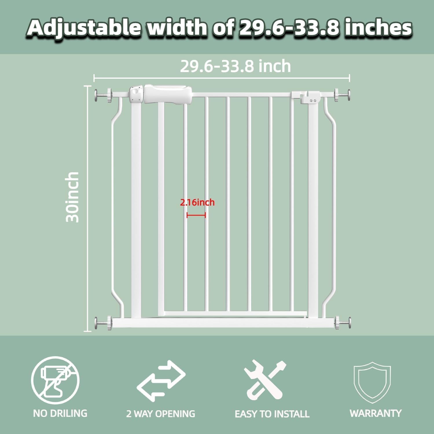 TSAYAWA Extra Wide Baby Safety Gate 29.6-33.8Inch Auto Close Child Gates, Pressure Mounted Gate for Stairs & Doorways, Indoor/Outdoor Heavy-Duty Pet Gate for Toddlers, Dogs, White