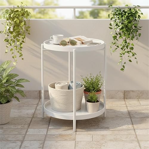 Miniatura 2 de Danpinera Mesa auxiliar de metal de 2 niveles con bandeja extraíble, mesa redonda decorativa, mesita de noche blanca antioxidante para dormitorio,