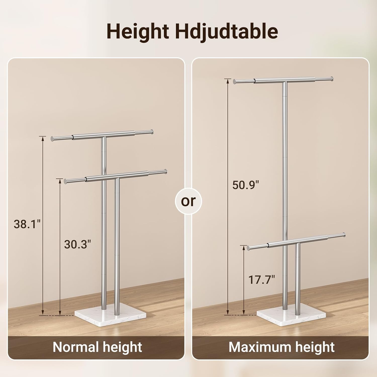 ELYKEN Standing Towel Racks for Bathroom, 2-Tier Floor Towel Holder Stand with Weighted Marble Base, Freestanding Bath Towel Rack, Width Adjustable & Stainless Steel Brushed Finish