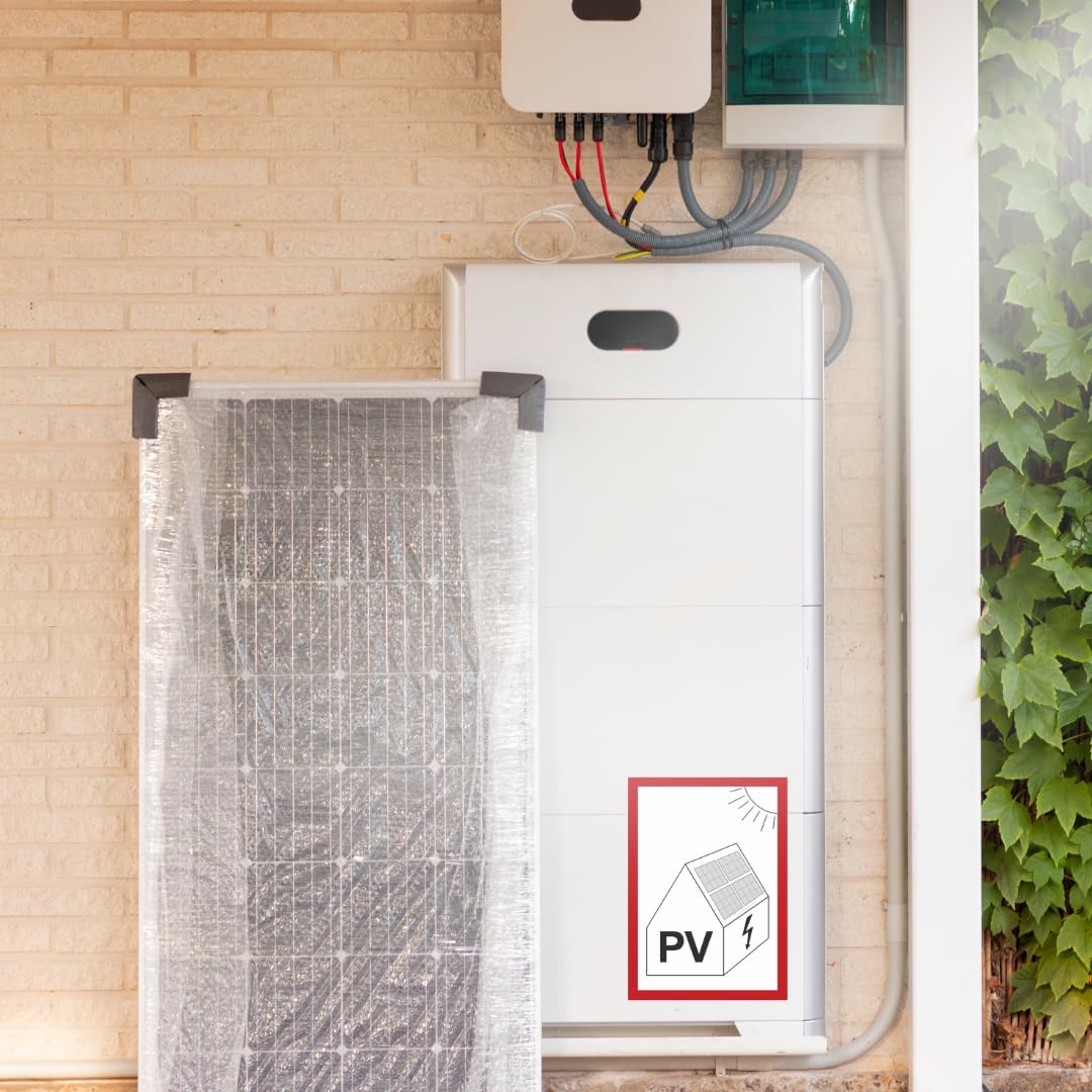 2× tabliczka Instalacja fotowoltaiczna | 15 x 20 cm | Płyta PVC, odporna na warunki atmosferyczne | Do systemów fotowoltaicznych z magazynem energii – do wewnątrz i na zewnątrz