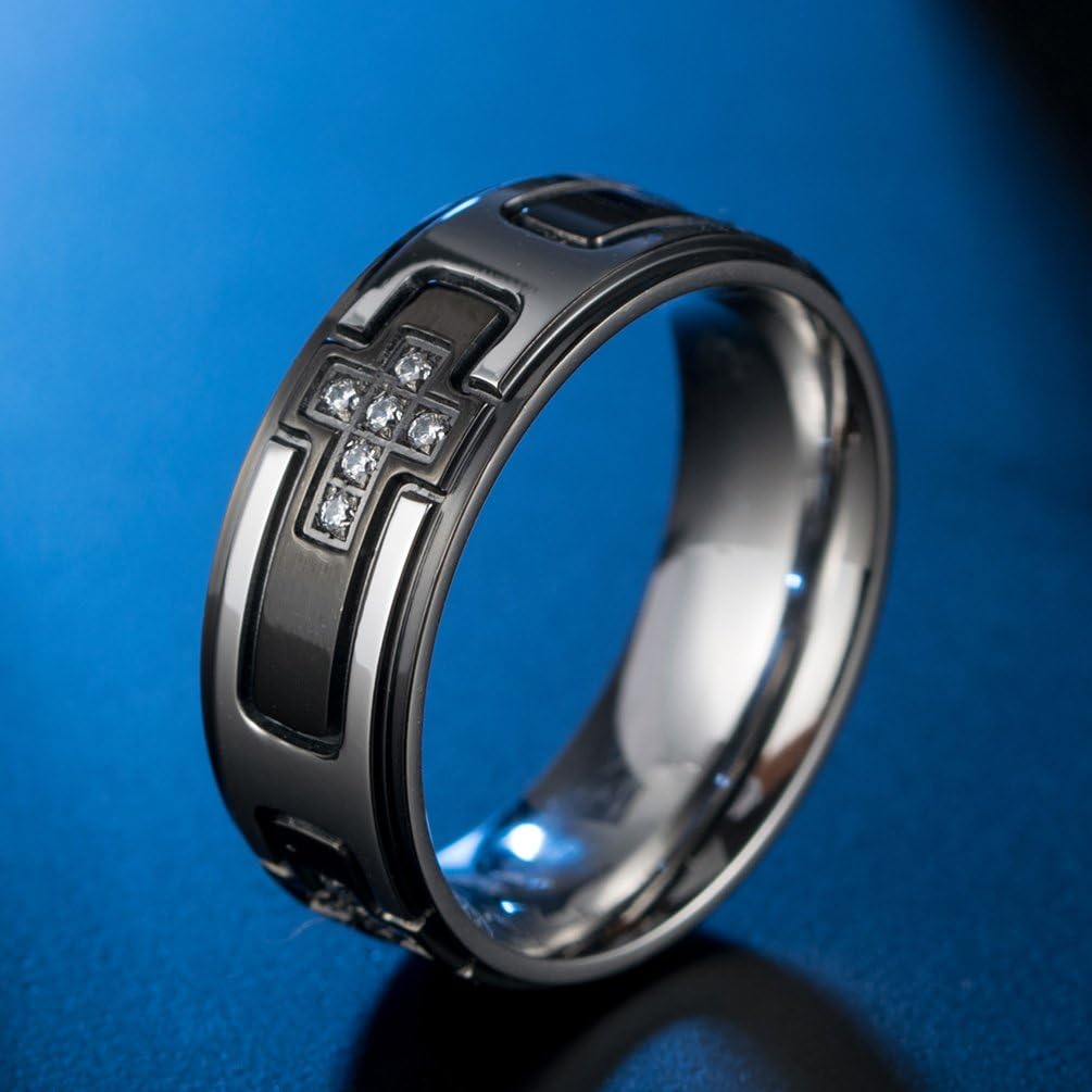 alextinaメンズステンレス鋼Christianクロスリング8 mmキュービックジルコニアブラックゴールドメッキウェディングバン