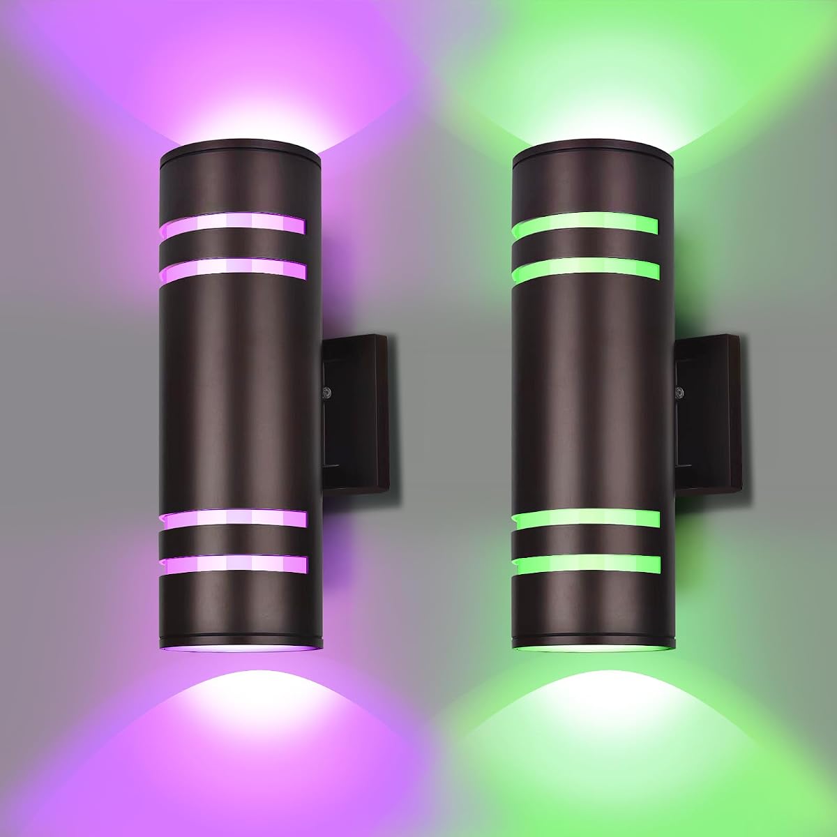 Smart Outdoor Wall Lights Color Changing 2 Pack, RGB+2700K-6500K Modern Exterior Lighting Fixtures Cylinder Outside Wall Sconce with Glass, WiFi APP Control Up Down Outdoor Porch Lights