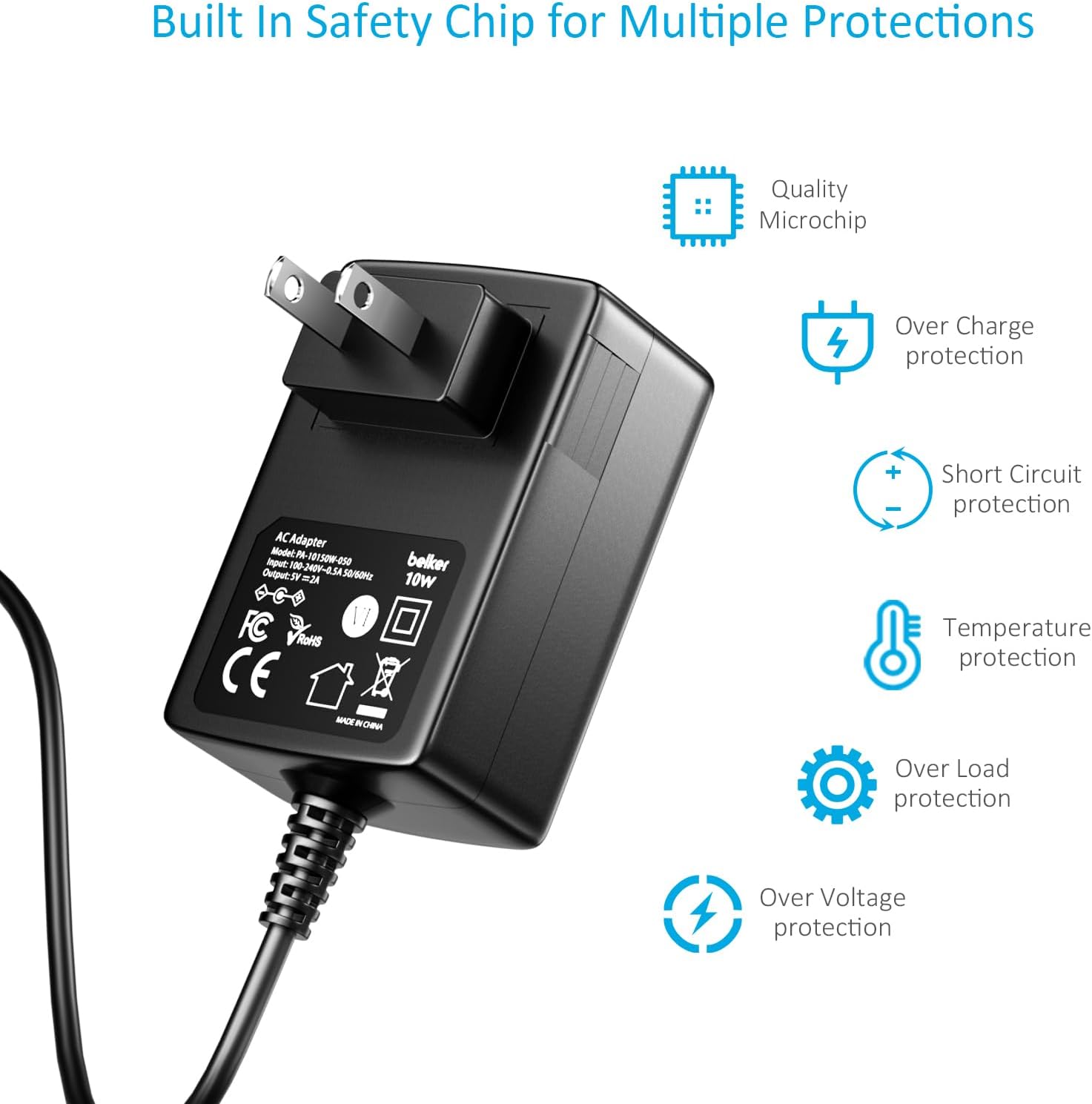 Belker 5V 2A 1.5A 1A USB C AC DC Adapter Power Supply with 9 Tips | 5V Wall Charger Power Cord for TV Box Router Mini Fan LED Strip Speaker and More