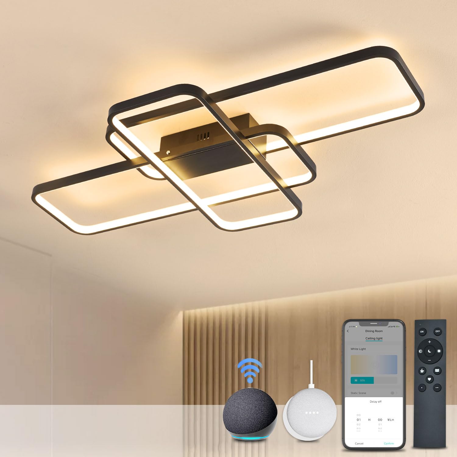 Lámpara de Techo LED Inteligente Compatible con Alexa Google Home App 80W 6400LM Lámpara de Techo Negra con Control Remoto, Lámpara de Techo Alexa 3000K-6000K para Dormitorio Sala de Estar 105CM