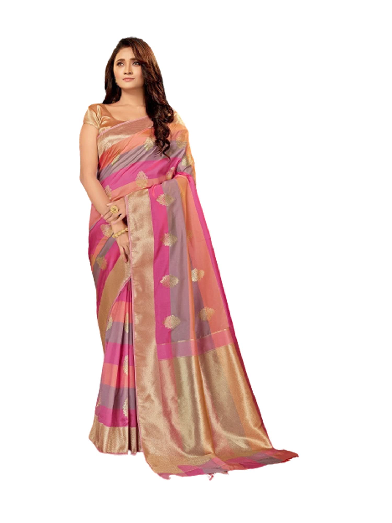 Sari banarasi rosado de seda 1618 con pallu dorado 5