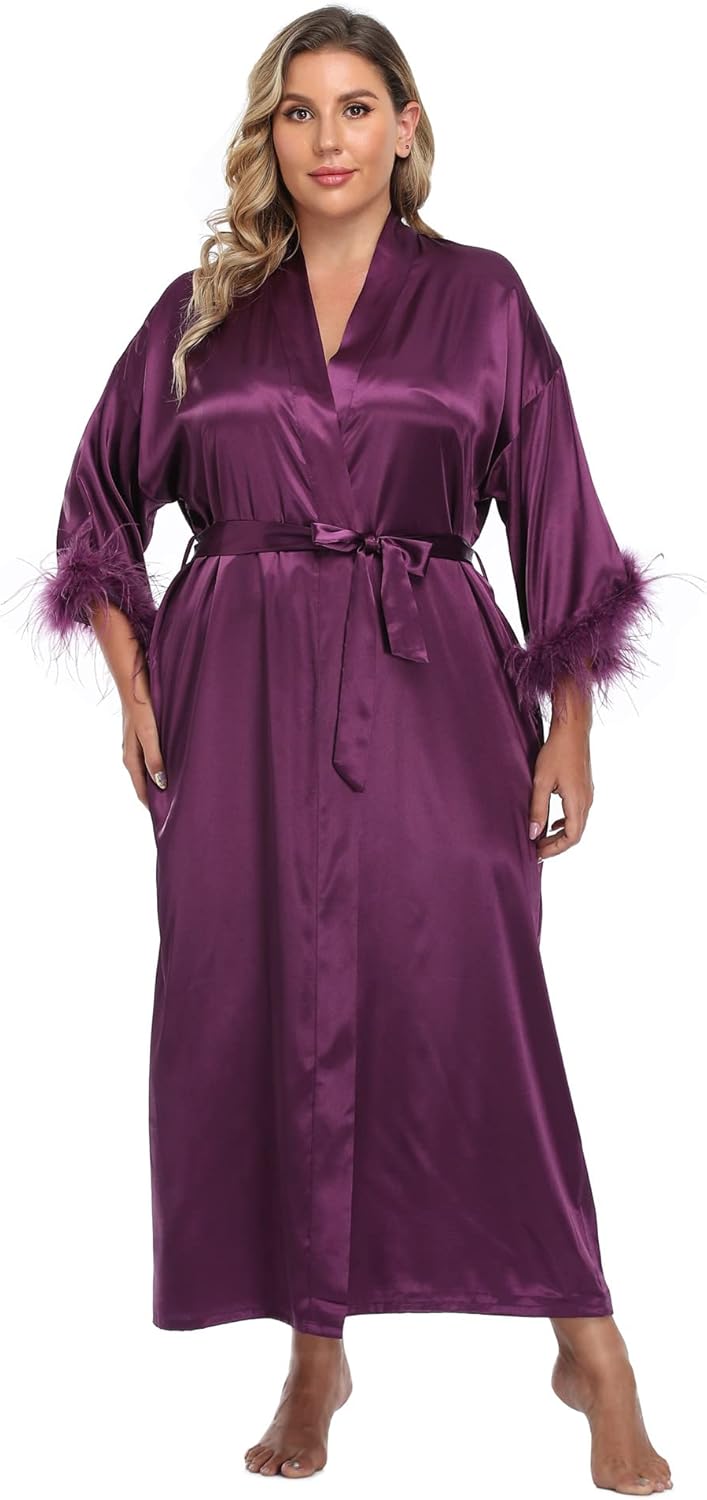 MissNina Women's Satin Kimono Robe with Ostrich Feather Trim Silk Robes Bridesmaid Robes Bridal Party Sleepwear - Image 2