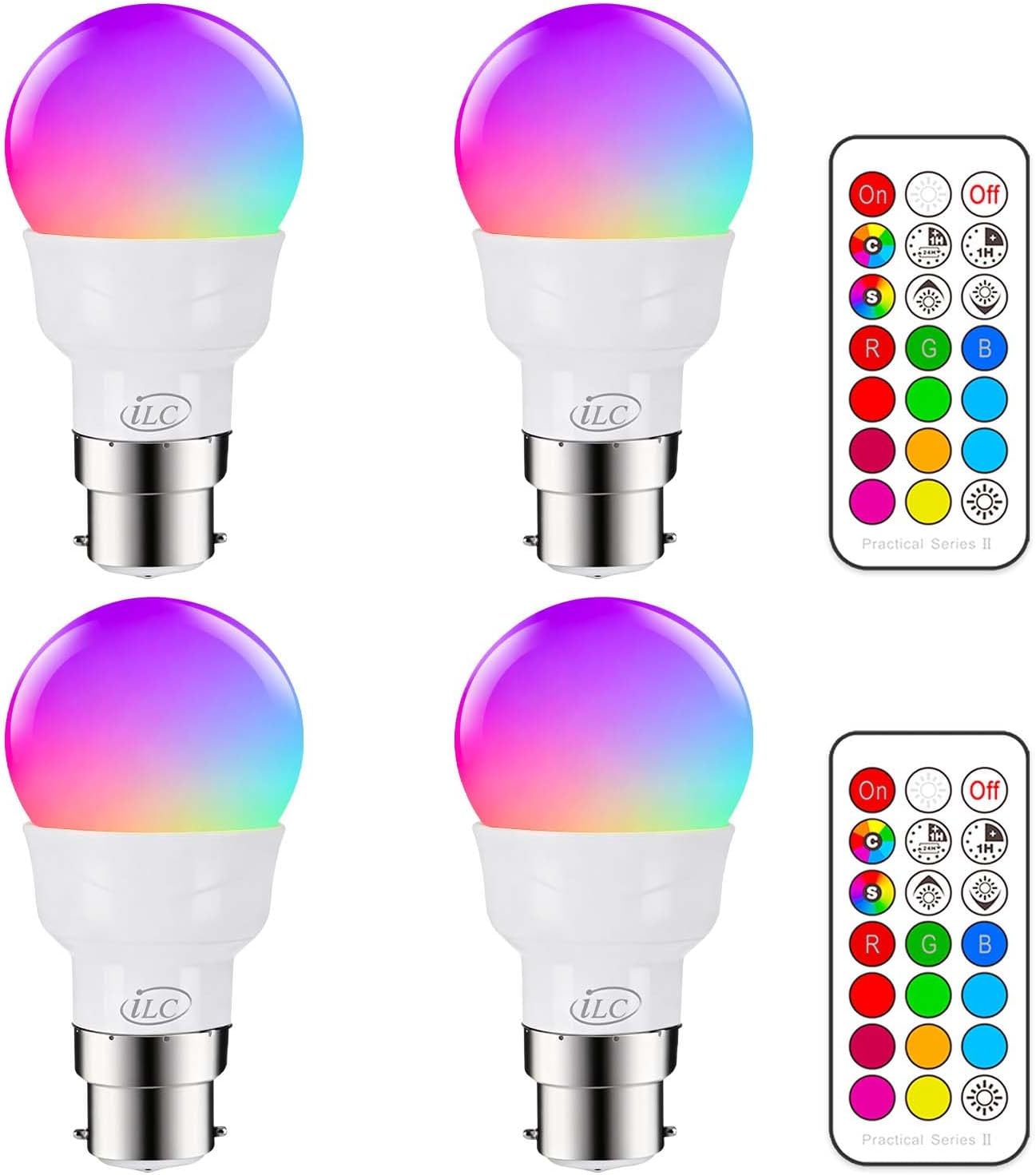 iLC LED B22 Bayonet Light Bulbs, 40 Watt Equivalent Colour Changing 5W B22 Bayonet A50 RGBW Lights, RGB White Coloured - 12 Color Choices - Remote Controller Included (4 Pack)
