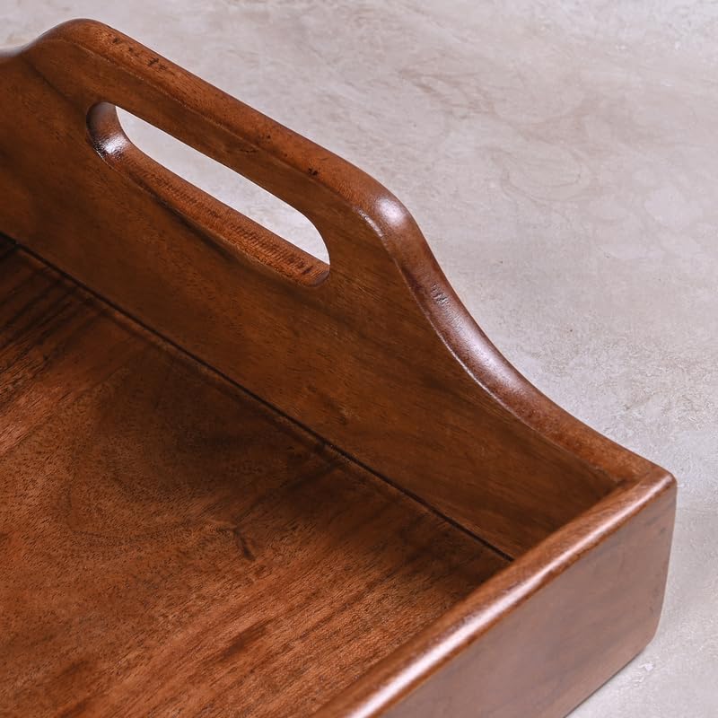 Image of Wooden Serving Tray - 15 Inch Rectangular Wooden Tray for Coffee Table, Kitchen, Breakfast & Home Decor | Multipurpose Organizer & Gift (Raised Handle)