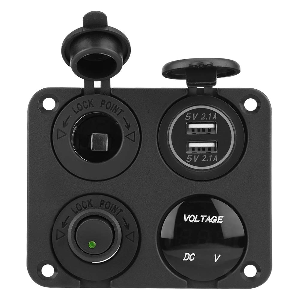 Fydun Pannello 4 Interruttori A Levetta Con Doppia USB E Accendisigari – Voltmetro Integrato – 12V/24V – Luce Verde
