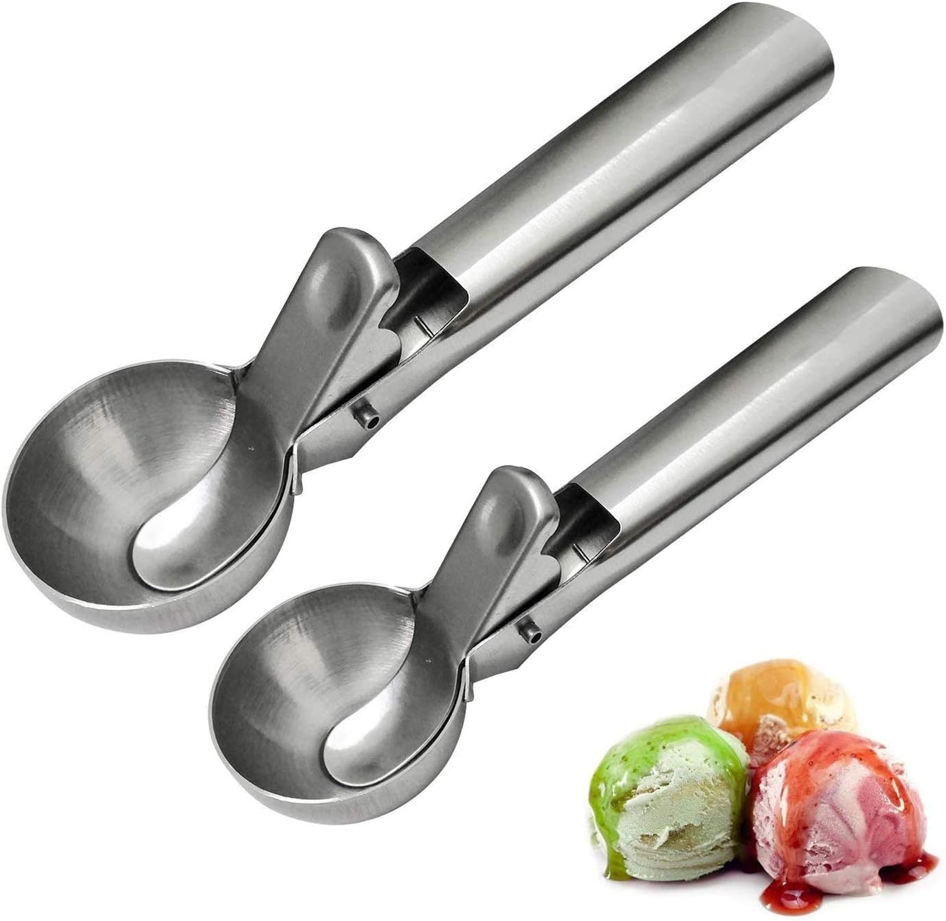 Solid Stainless Steel Ice Cream Scoop, 2 Packs of Stainless steel Ice Cream Spoon with Easy Trigger, Dipper for Fruits, Water Melon Scoop, LC-IC-004