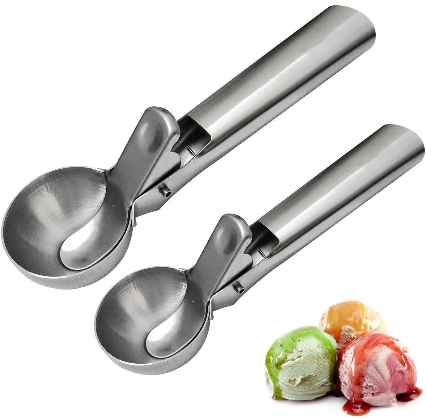 SHOWAY Solid Stainless Steel Ice Cream Scoop, 2 Packs of Stainless steel Ice Cream Spoon with Easy Trigger, Dipper for Fruits, Water Melon Scoop, LC-IC-004