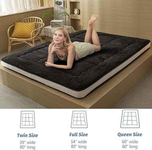 Miniatura 3 de HIGOGOGO Colchón japonés de suelo para adultos, colchón futón de forro polar Sherpa de 4 pulgadas de grosor para suelo, almohadillas para dormir