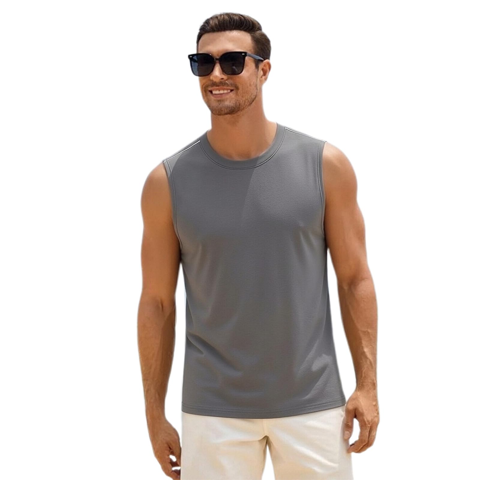 Camiseta de tirantes para hombre, de algodón, sin mangas, para fitness, deporte, cuello redondo, camiseta de tirantes para verano, exterior