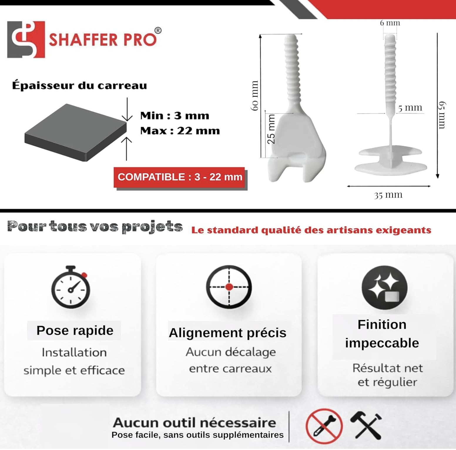 Croisillons carrelage autonivelant 3mm I SHAFFER PRO I Comptatible 20mm | kit 3 mm | 100 clips+100 cadrans réutilisables |3-22 mmI Shaffer pro I nivellement à visser - pose de carreaux Sols/murs