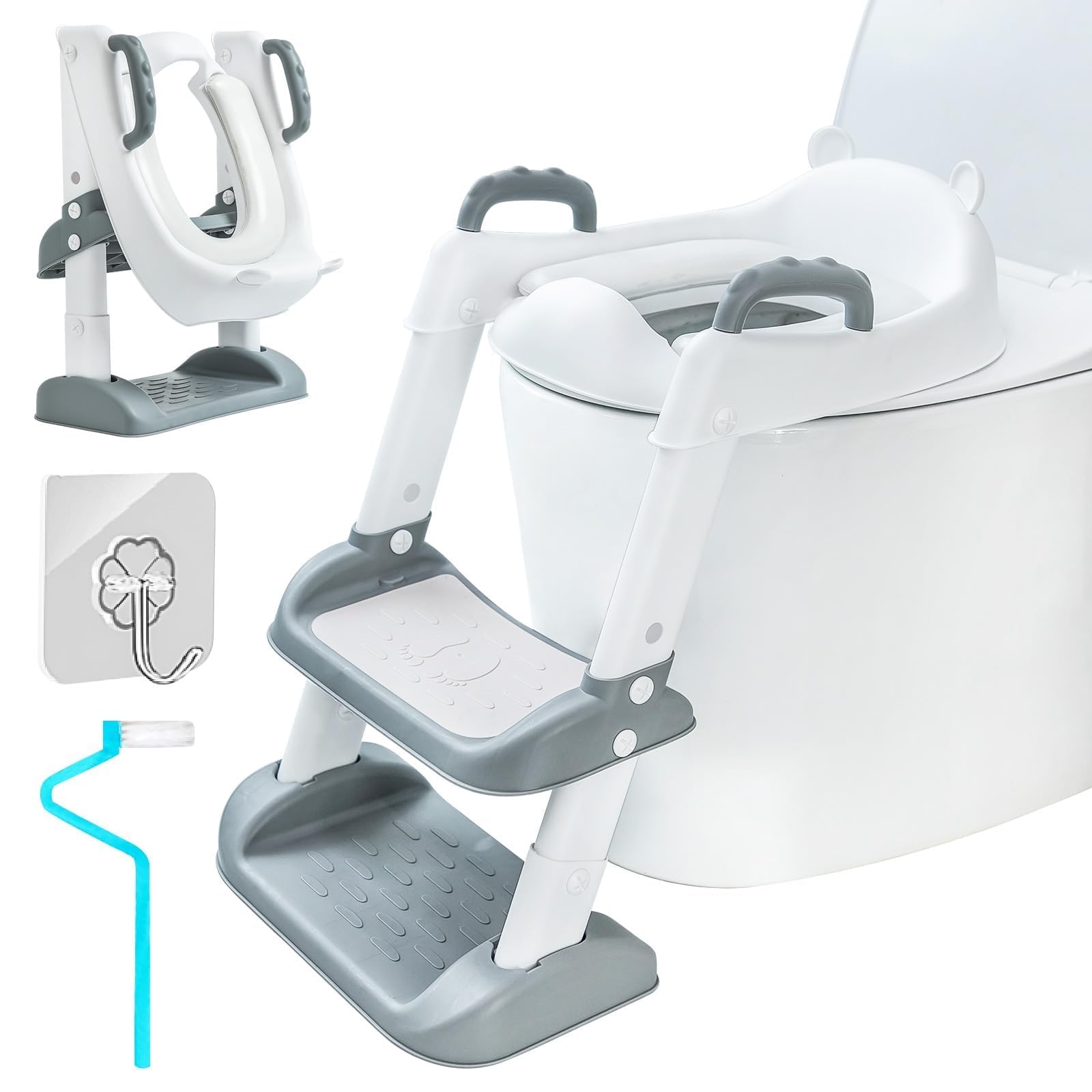 UCAMP Reducteur Toilette Enfant,Réducteur WC avec Marches,Rehausseur Toilette Enfant avec PU-Coussin,Siège de Toilette Enfant Réglable en Hauteur Pliable,éclaboussures et antidérapant,Adaptateur Toile